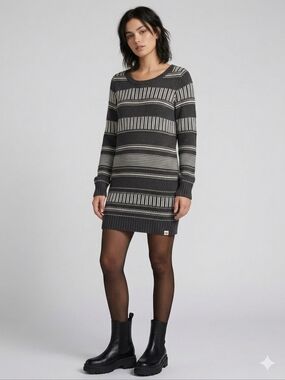 Roxy Grey White Striped Open Knit Longline Sweater Dress Tunic M Indie Sleaze